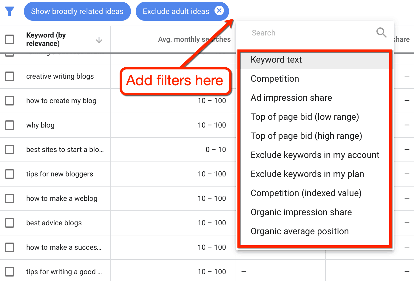 keyword planner filters
