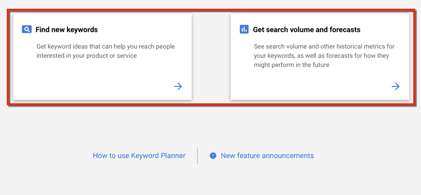 Keyword Planner Start Options
