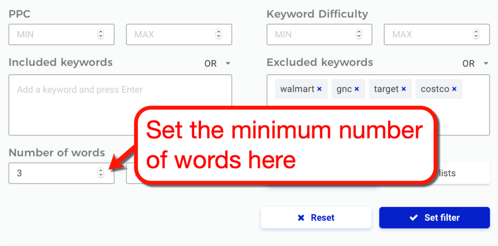 KWFinder Minimum Words Filter