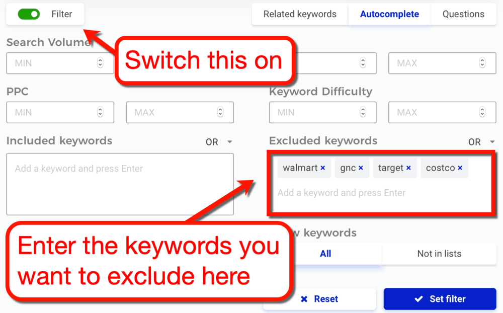 KWFinder Filter Results