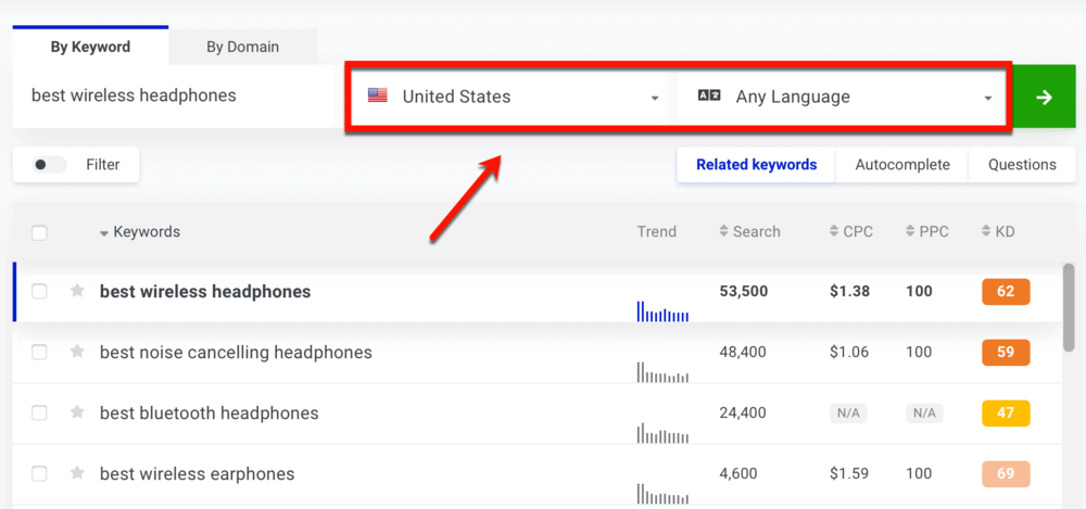 KWFinder Location and Language Settings