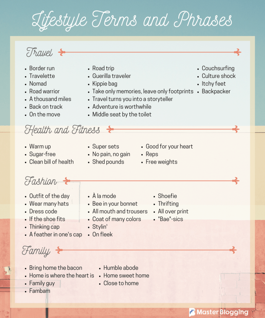 Lifestyle Terms and Phrases for Various Sub Niches
