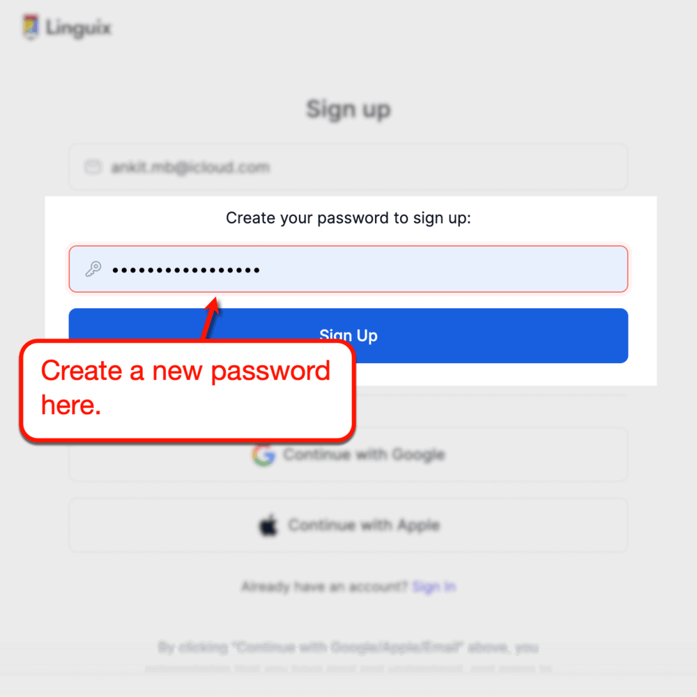 Creating a new password on Linguix