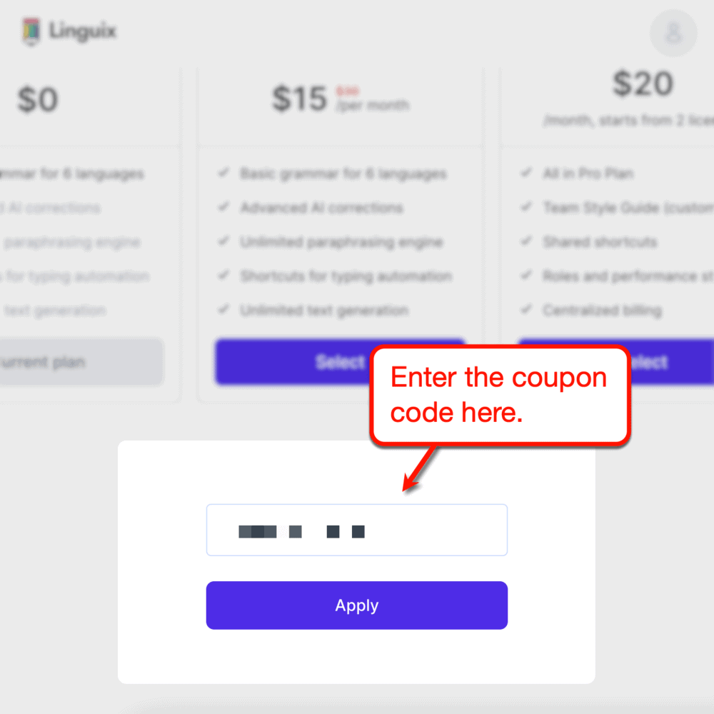 Applying the Linguix Pro coupon code