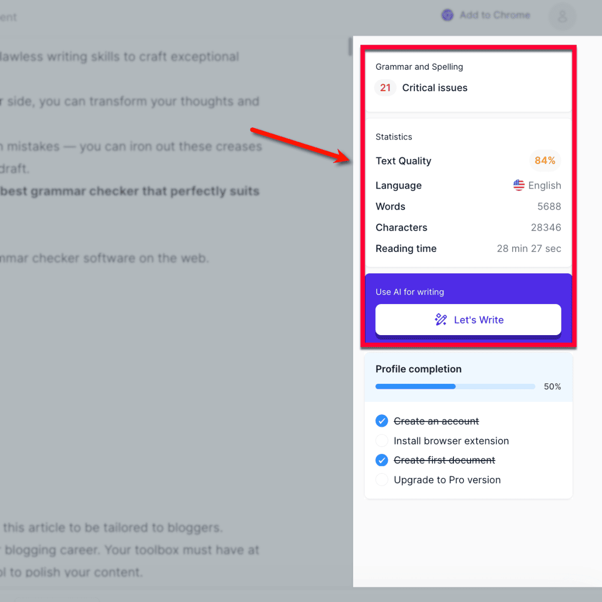 Linguix text score and issues panel