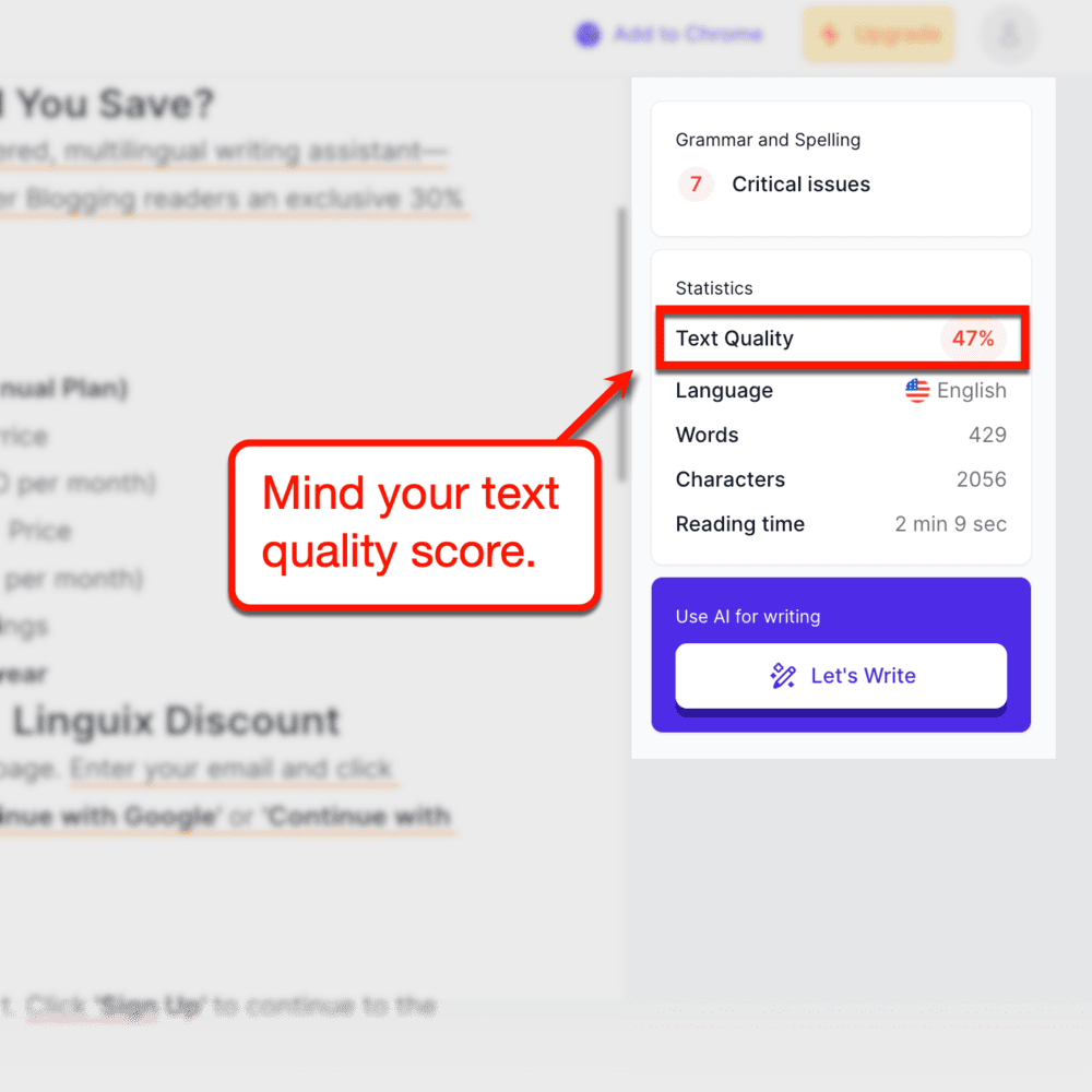 Linguix text quality score