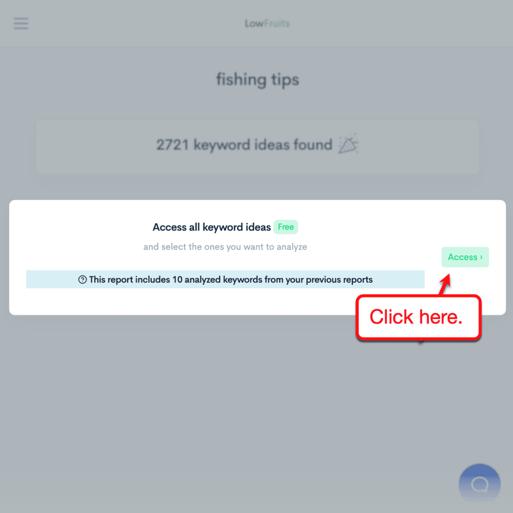 LowFruits keyword ideas 'access' button
