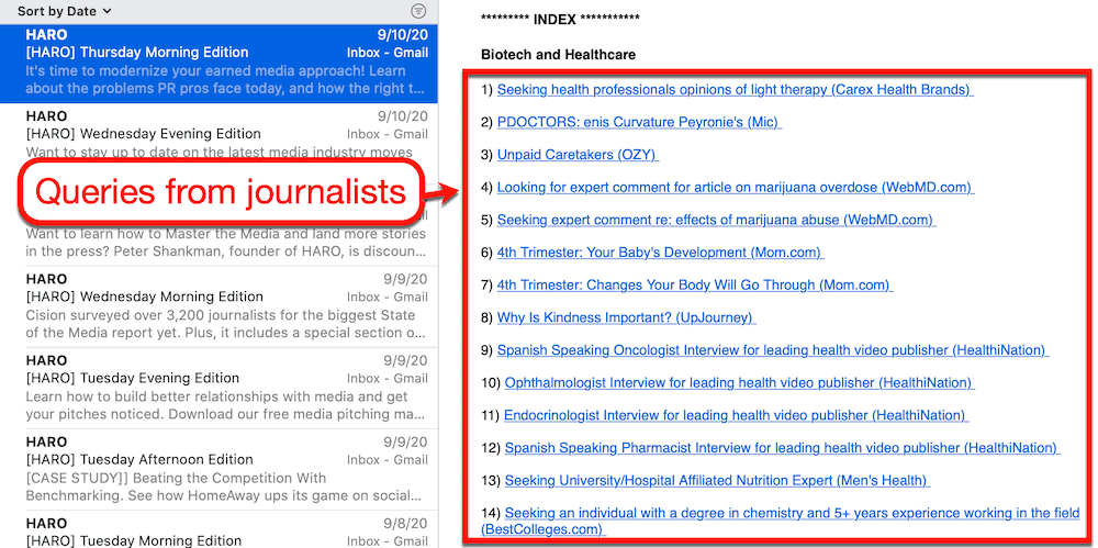 HARO emails in my inbox