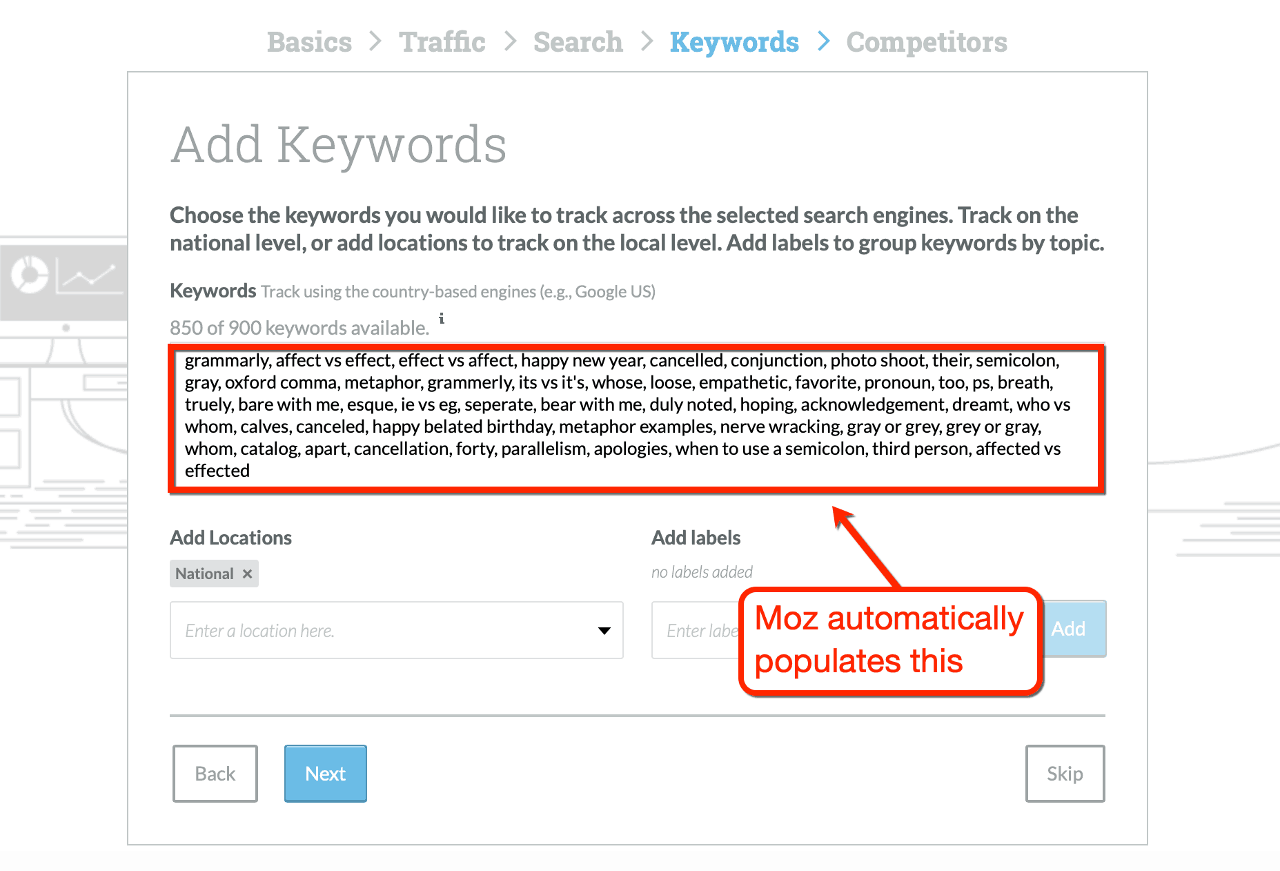 moz autofill keywords create campaign