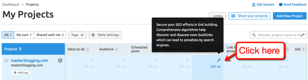Launch Backlink Audit Tool from My Projects