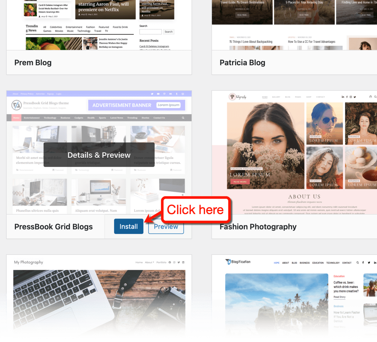 New WordPress Theme Install Button