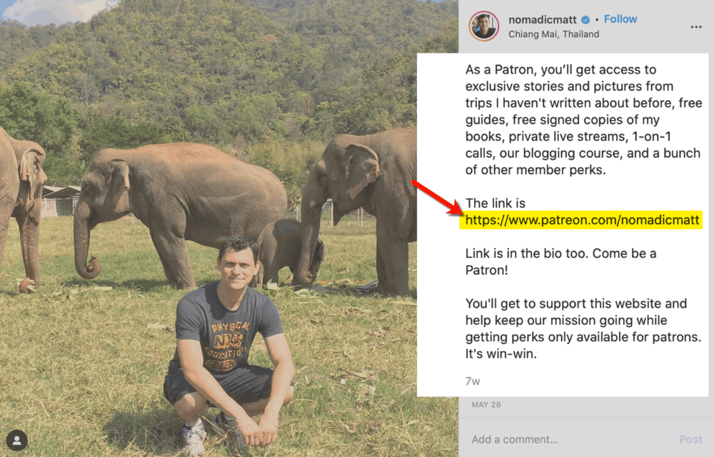 How Nomadic Matt puts links in Instagram Posts