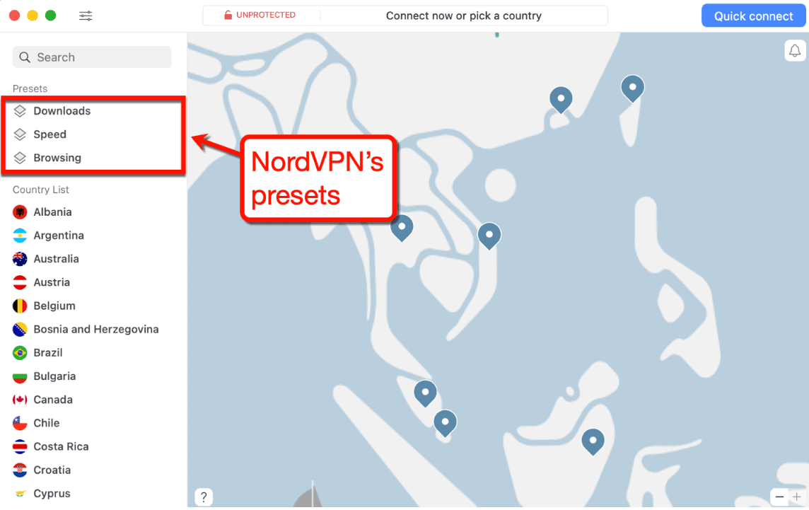 NordVPN Presets Menu