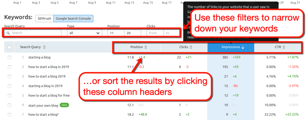 Google Search Console Keyword Filters and Sorting