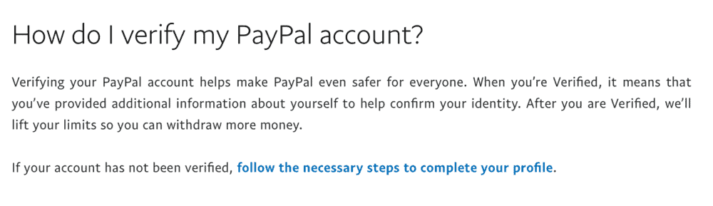 PayPal verification information