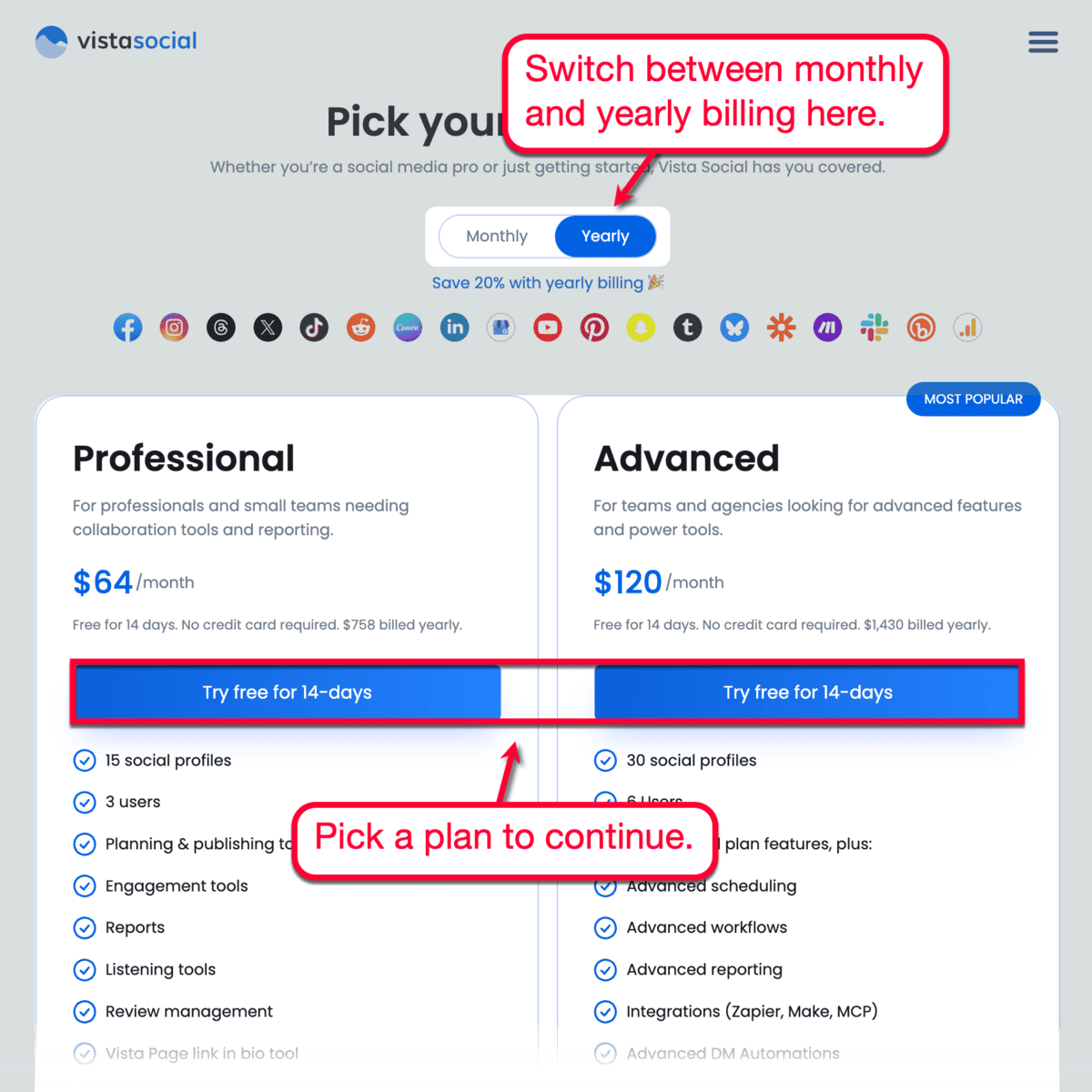 Vista Social Plan Selection Page