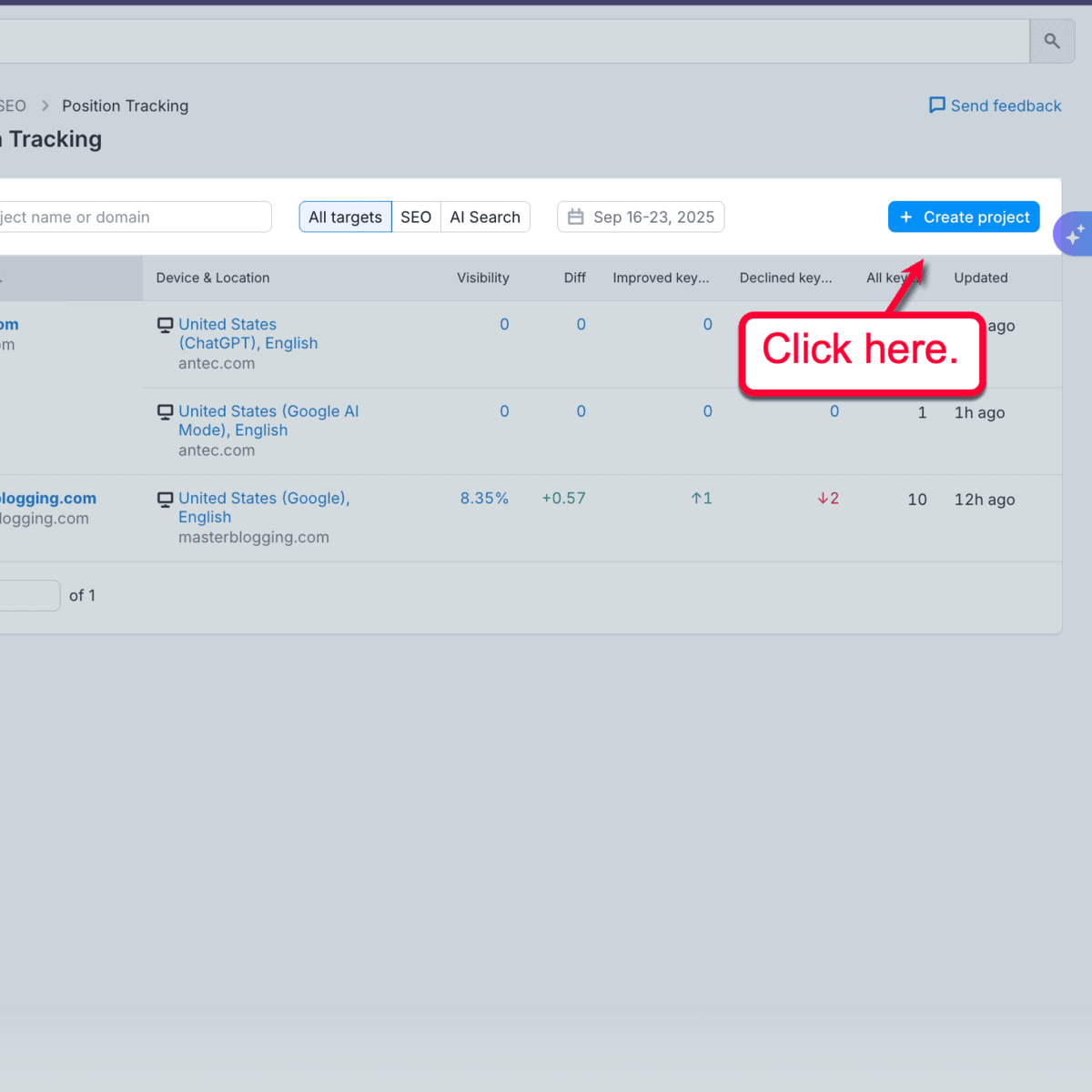 Prompt Tracking Create Project Button