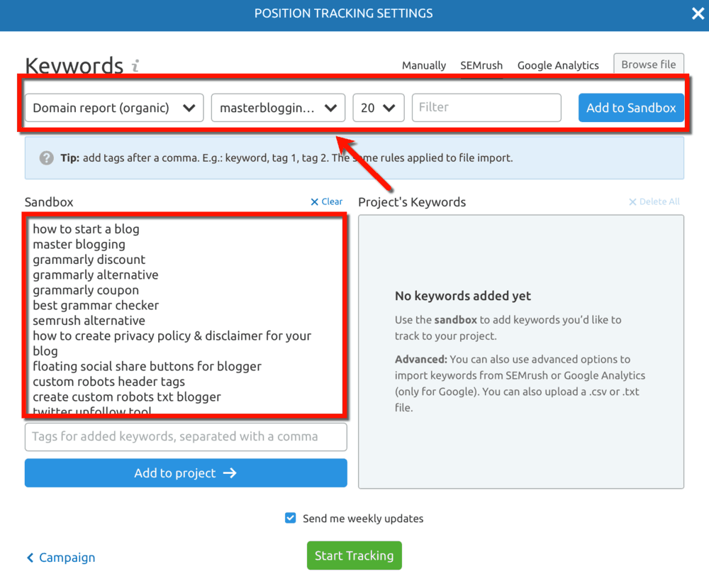 Position Tracking Tool Add Keywords to Sandbox