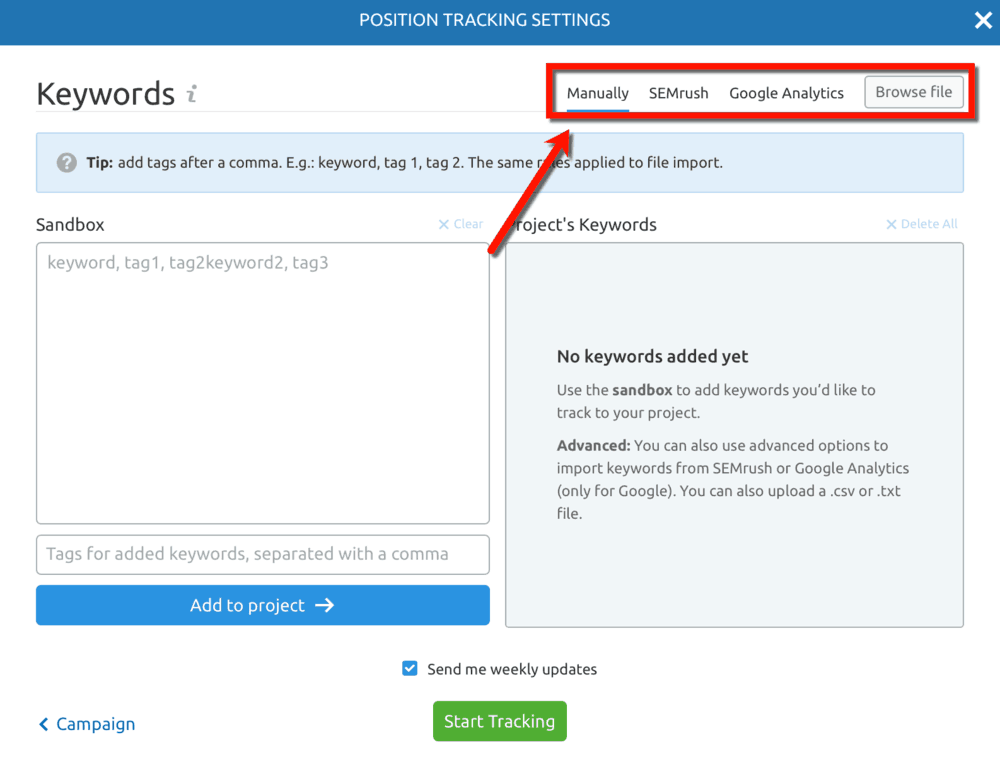 Position Tracking Add Keywords Options