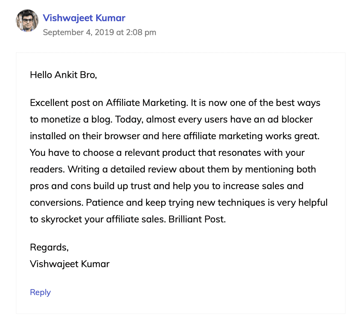 Positive Comment on Master Blogging