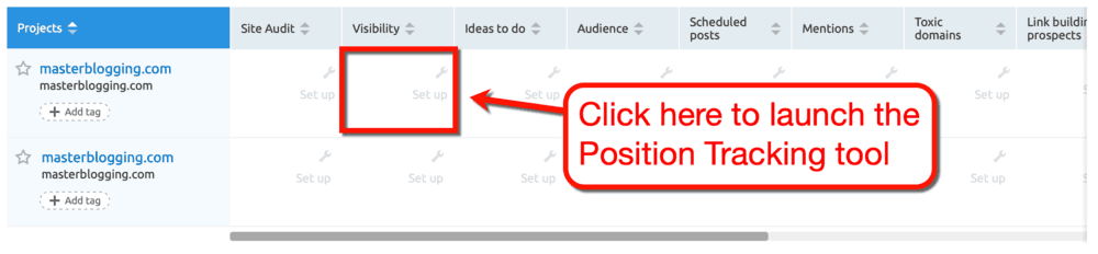 Position Tracker Set Up from Projects Page