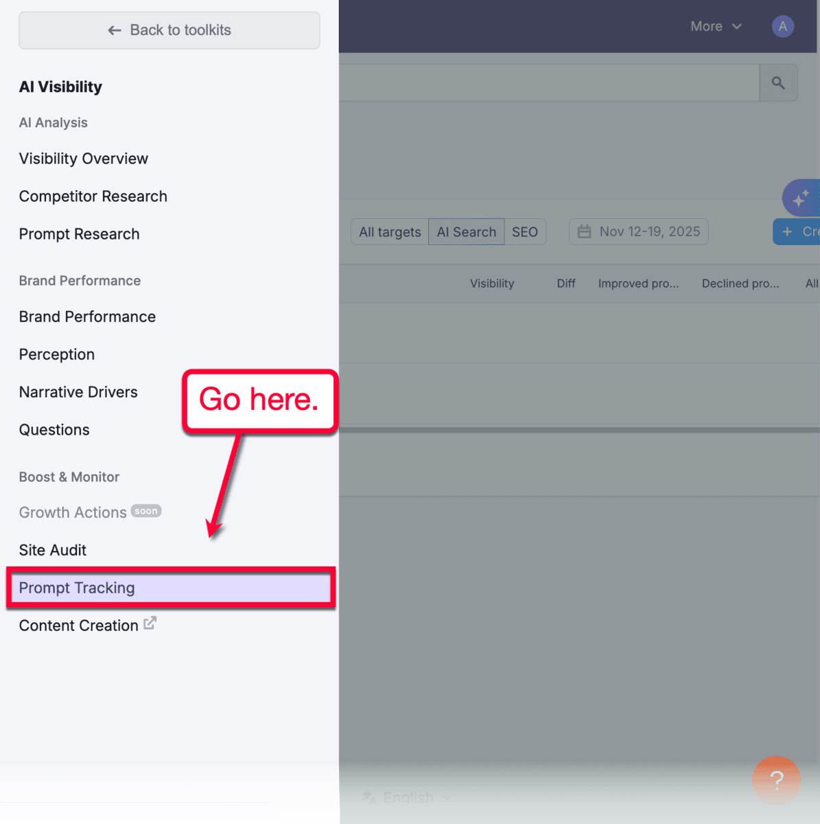 Semrush One AI Prompt Tracking Menu