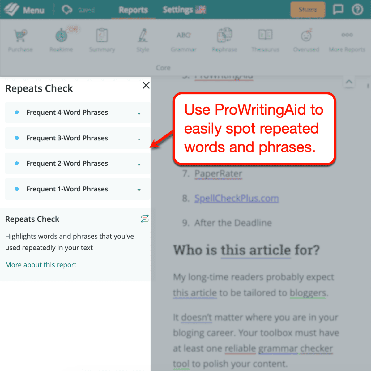 ProWritingAid Repeats tool interface