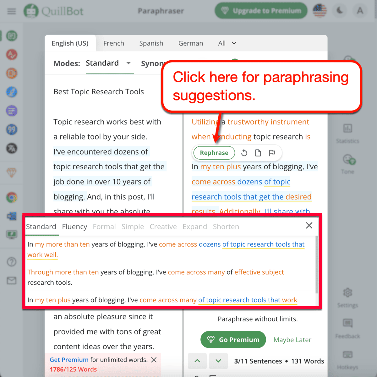 QuillBot Paraphrasing Suggestions