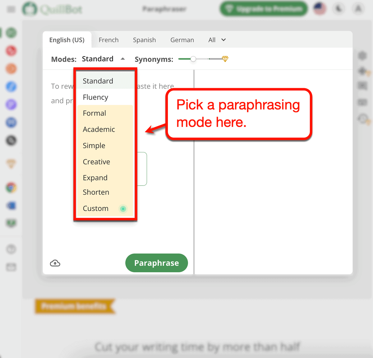 QuillBot paraphrasing modes menu