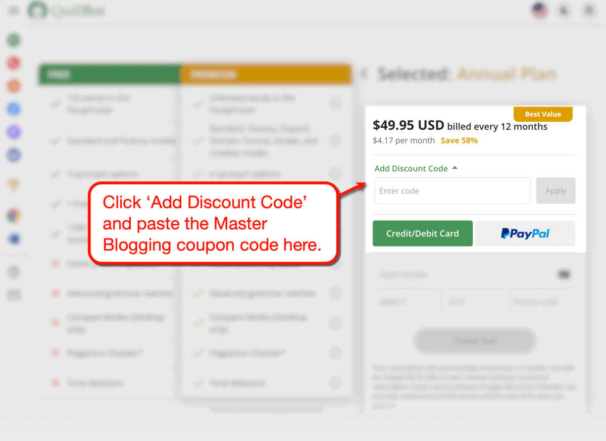 QuillBot Premium Add Discount Code Field