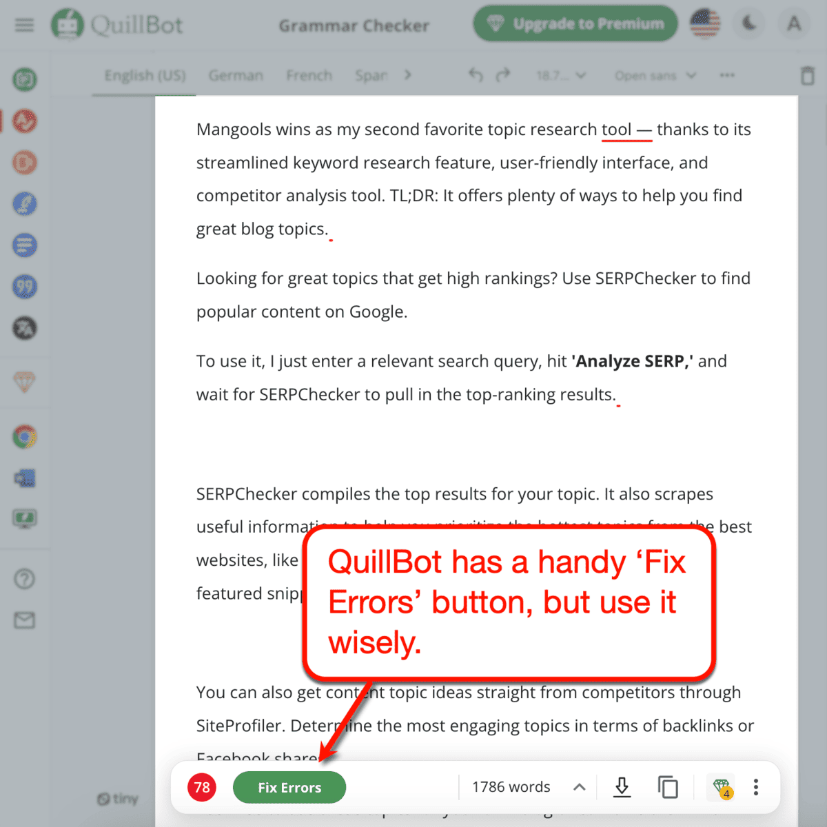 QuillBot Fix Errors button