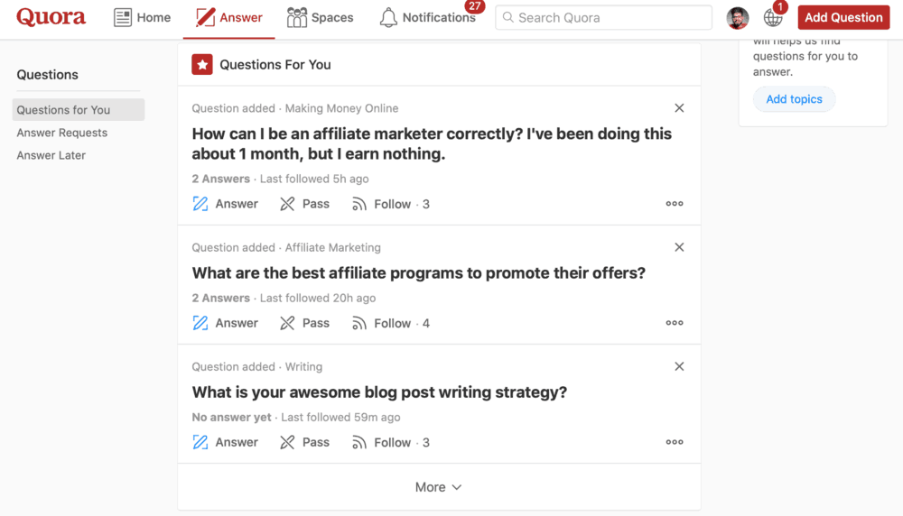 Answering Questions on Quora