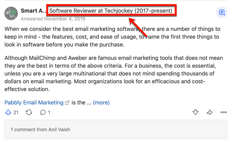 Quora post by software reviewer