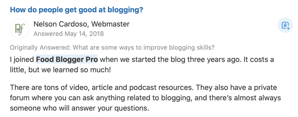Food Blogger Pro Testimonial on Quora