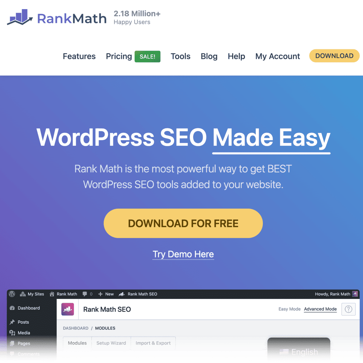 Rank Math main landing page