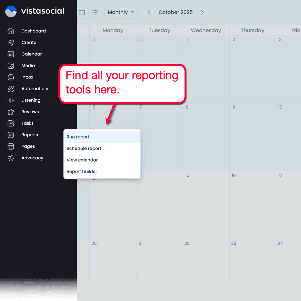 Vista Social Reports Menu