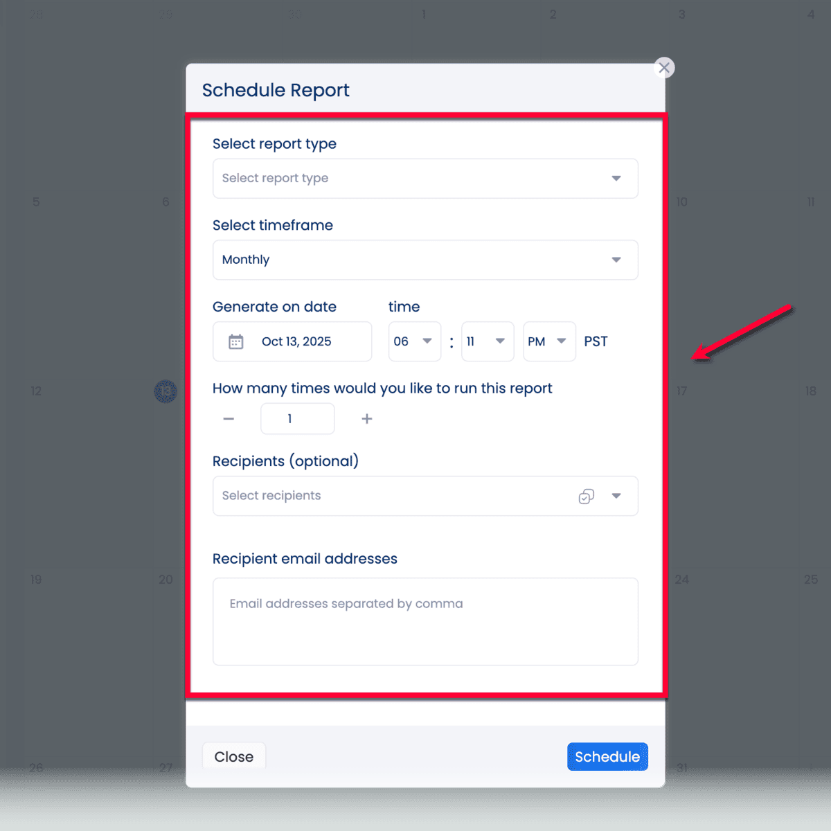 Vista Social Schedule Report Settings