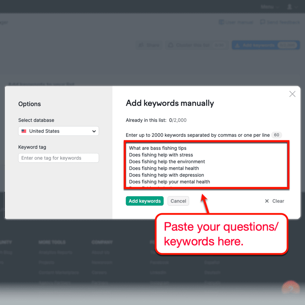 Pasting keywords manually to Semrush keyword manager