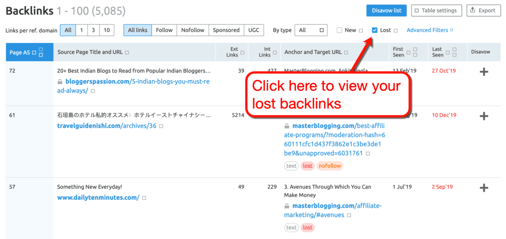 SEMrush Lost Backlinks Filter