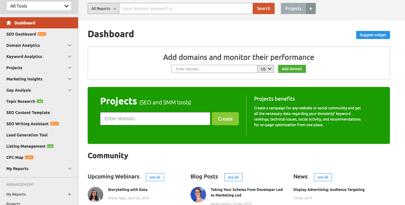SEMrush dashboard interface