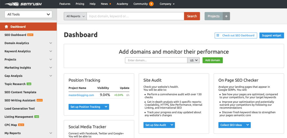 SEMrush Dashboard Tools