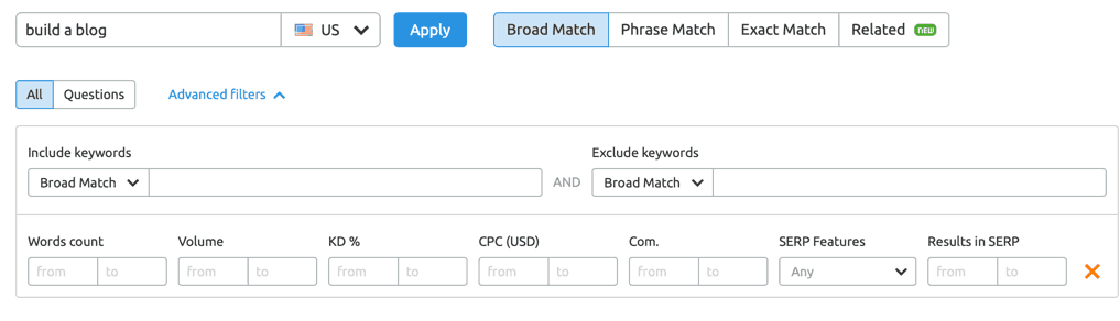SEMrush Keyword Magic Tool Filters