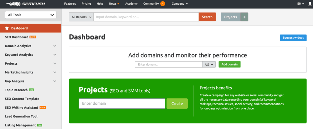SEMrush Dashboard Page