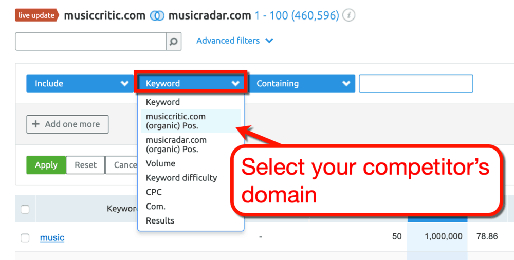 Keyword Gap Tool Competitor's Keyword Positions