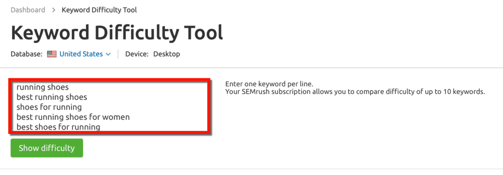 SEMrush Keyword Difficulty Tool