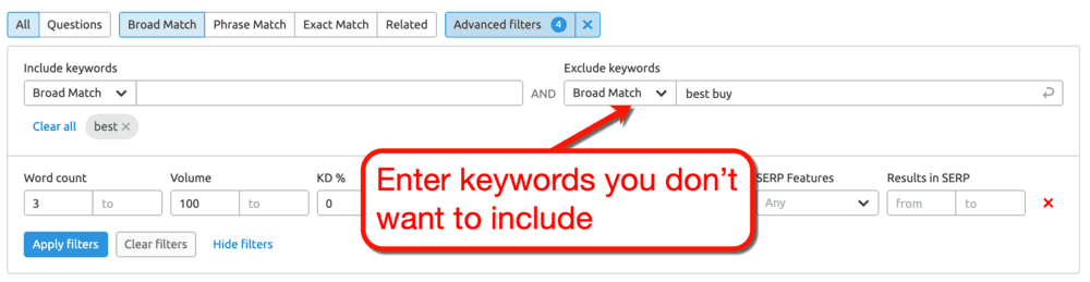 SEMrush Keyword Magic Tool Exclude Filter