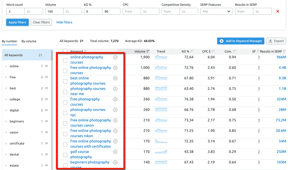 SEMrush Keyword Magic Tool Filtered Results