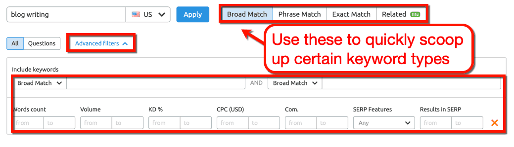Keyword Magic Tool Filters