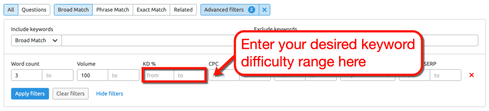 SEMrush Keyword Magic Tool KD Range Filter