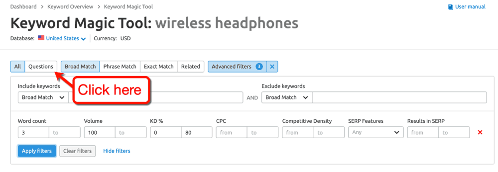 Keyword Magic Tool Questions Tab